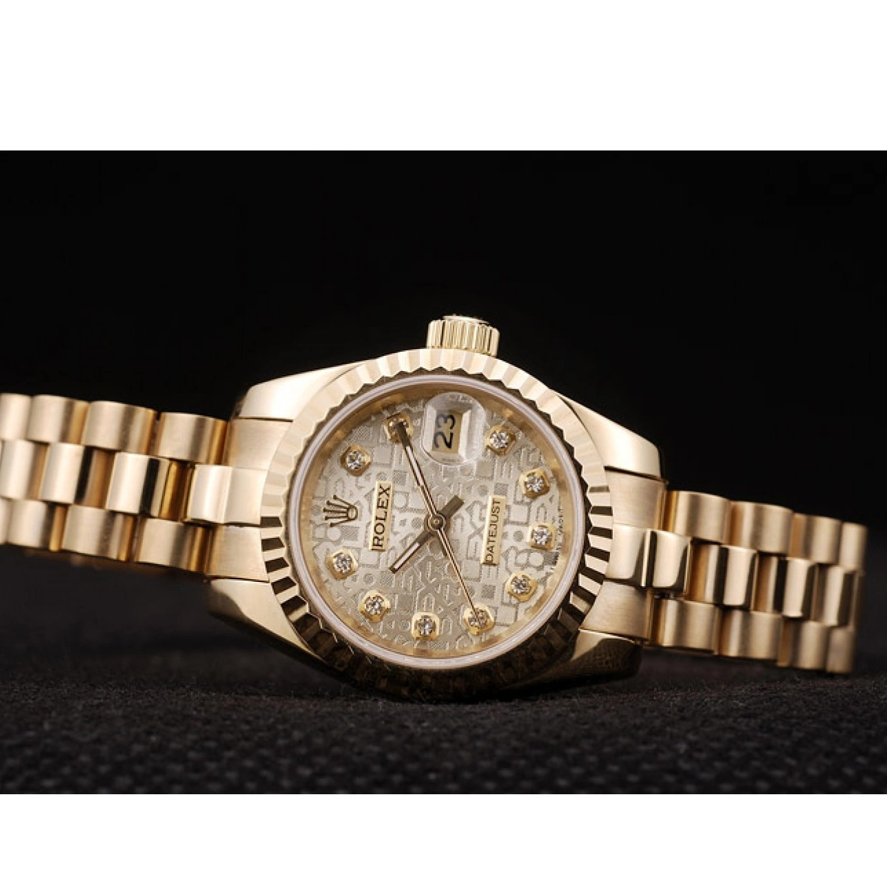 Aaa replica watch Pattern Gold DateJust Ribbed Dial Rolex Gold Bezel 0729